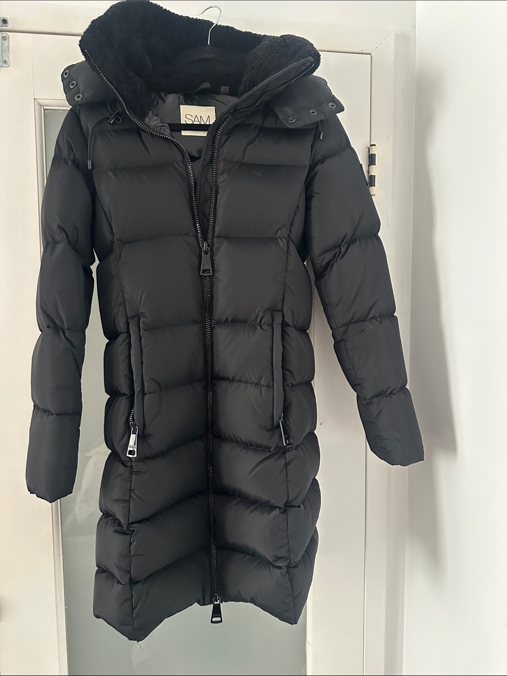 AUTHENTIC SAM. Women Black Long Quilted Puffer Coat with Hood